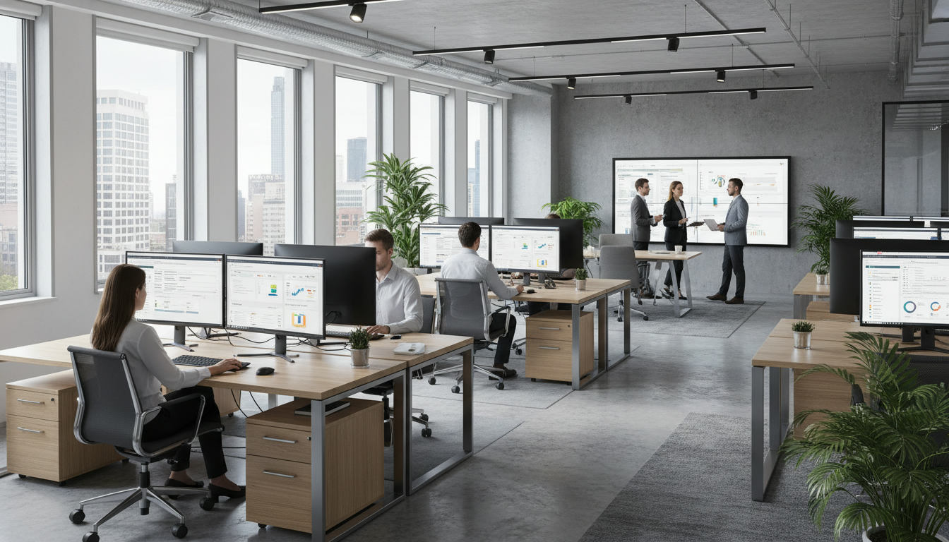 Équipe PME analysant un projet ERP dans un bureau moderne